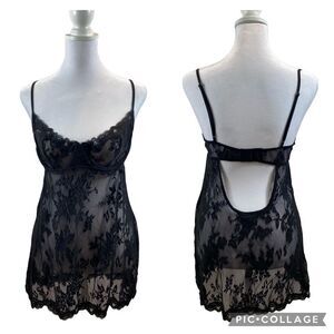 Victorias Secret Black Sheer Floral‎ Lace Lingerie Nightgown Size 36C
